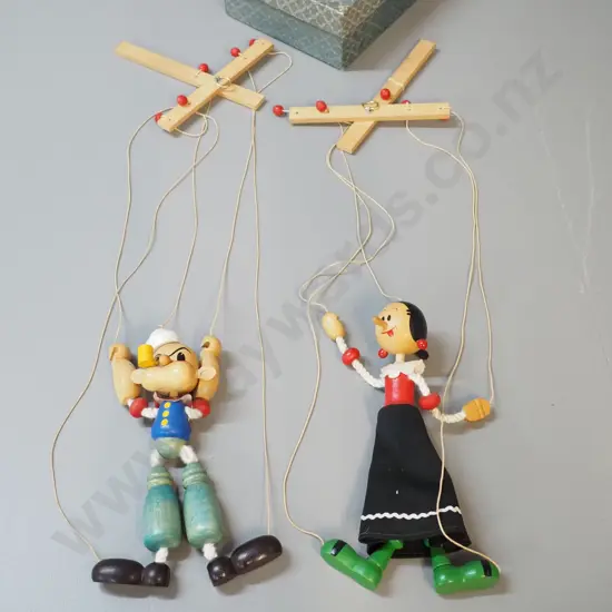 2 vintage wooden marionette puppets - Popeye and Olive Oyl - each approx H-220