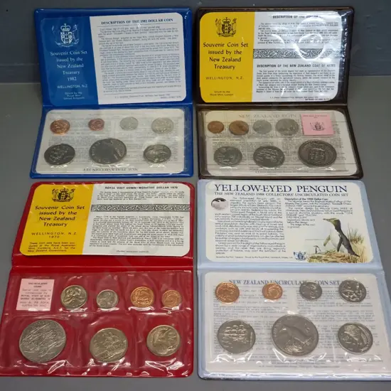 4 New Zealand uncirculated coin sets - 1970, 1982, 1988, souvenir coin set