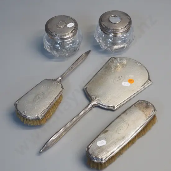 sterling silver dressing table items - 2 brushes, handled mirror, 2 lidded crystal pots, all marked "Sterling'