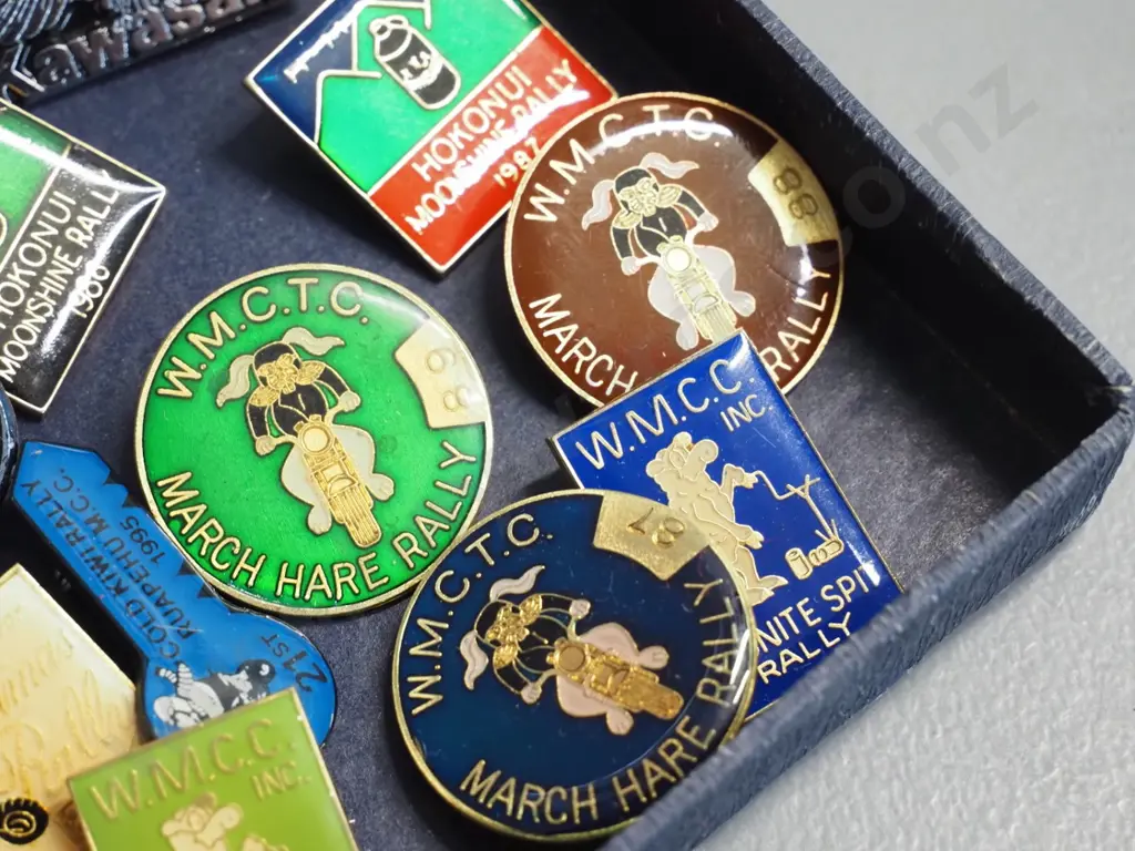 numerous motorcycle rally pin badges - March Hare, Hokonui, Toko, Ruapehu, Midnite Spit, Kawasaki & Honda etc. Image 1++