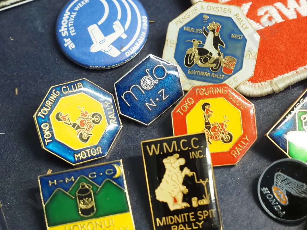 numerous motorcycle rally pin badges - March Hare, Hokonui, Toko, Ruapehu, Midnite Spit, Kawasaki & Honda etc. Image 1++
