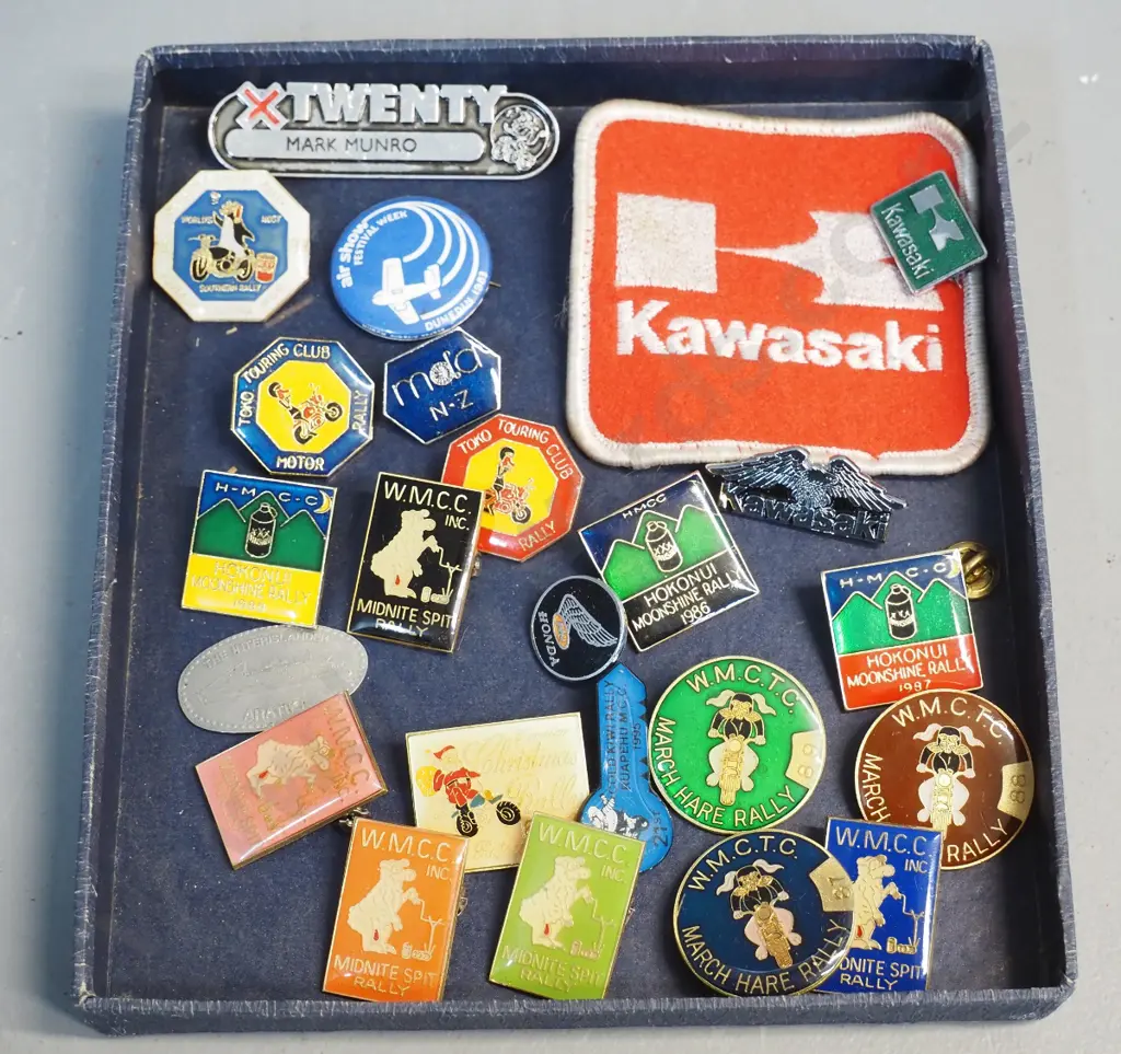numerous motorcycle rally pin badges - March Hare, Hokonui, Toko, Ruapehu, Midnite Spit, Kawasaki & Honda etc. Image 1++