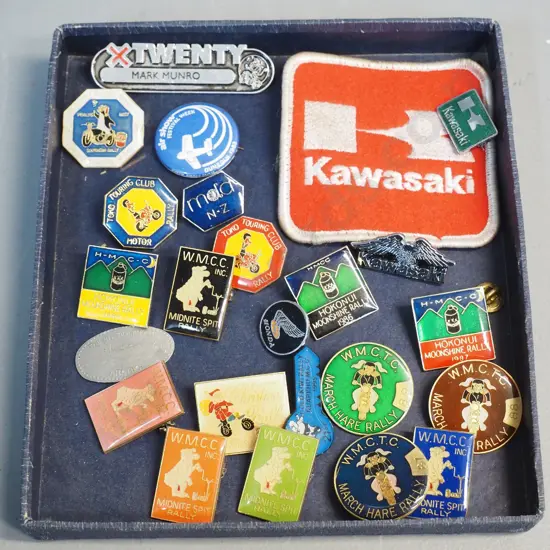 numerous motorcycle rally pin badges - March Hare, Hokonui, Toko, Ruapehu, Midnite Spit, Kawasaki & Honda etc.