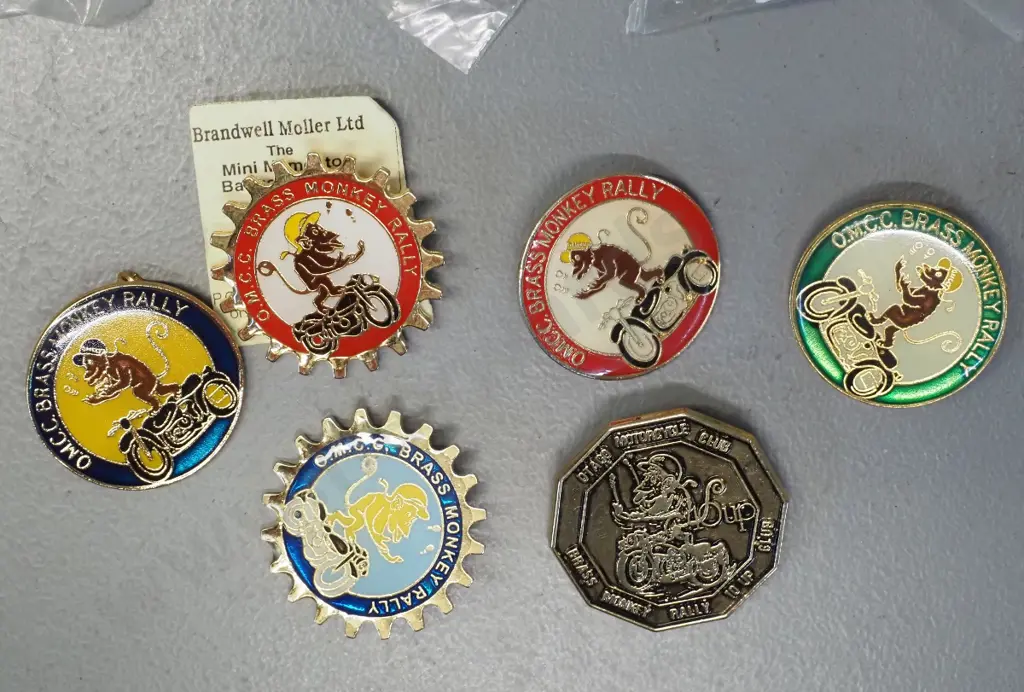 23 OMCC Brass Monkey motorcycle rally badges - years 1985 thru 2001 complete, plus unknowns and a "10 up" badge Image 1++