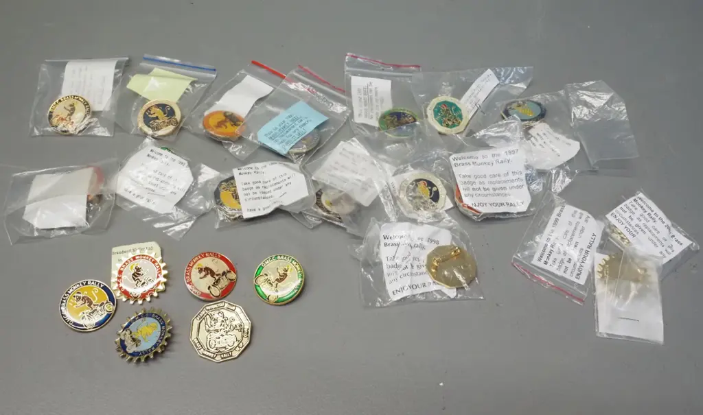 23 OMCC Brass Monkey motorcycle rally badges - years 1985 thru 2001 complete, plus unknowns and a "10 up" badge Image 1++