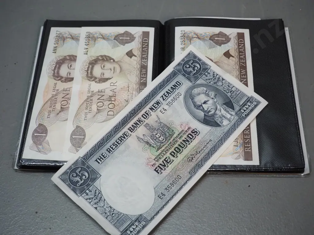 plastic wallet of New Zealand bank notes - 1 and 5 pound notes, Millennium $5 and other dollar notes, etc. Image 1++