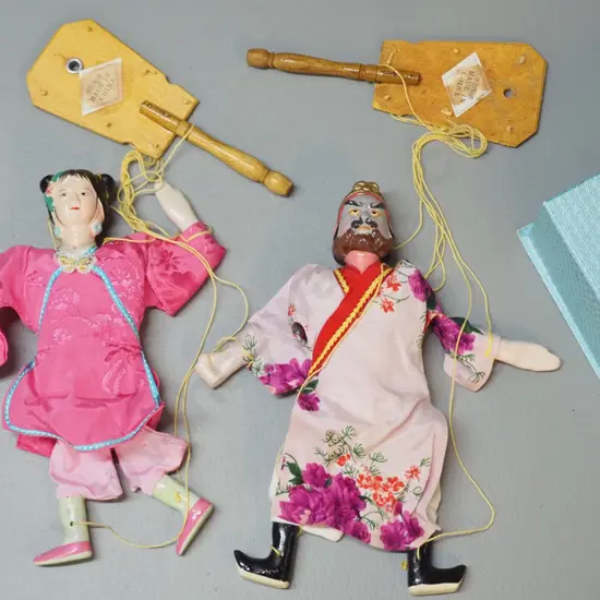 2 vintage wooden marionette puppets - traditional Chinese characters with porcelain head and limbs H-210