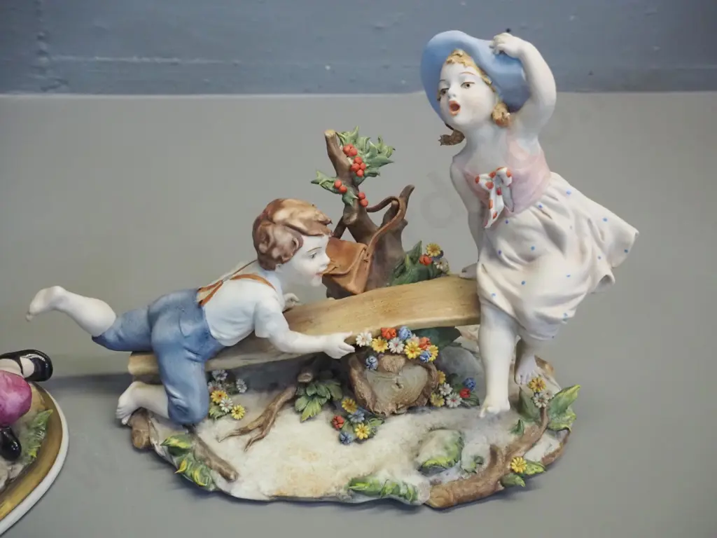 2 Italian soft porcelain hand-painted figurines - children playing. Larger is H-190 W-240 Image 1++