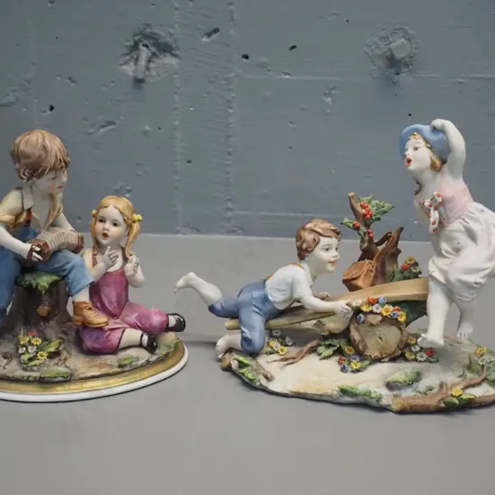 2 Italian soft porcelain hand-painted figurines - children playing. Larger is H-190 W-240