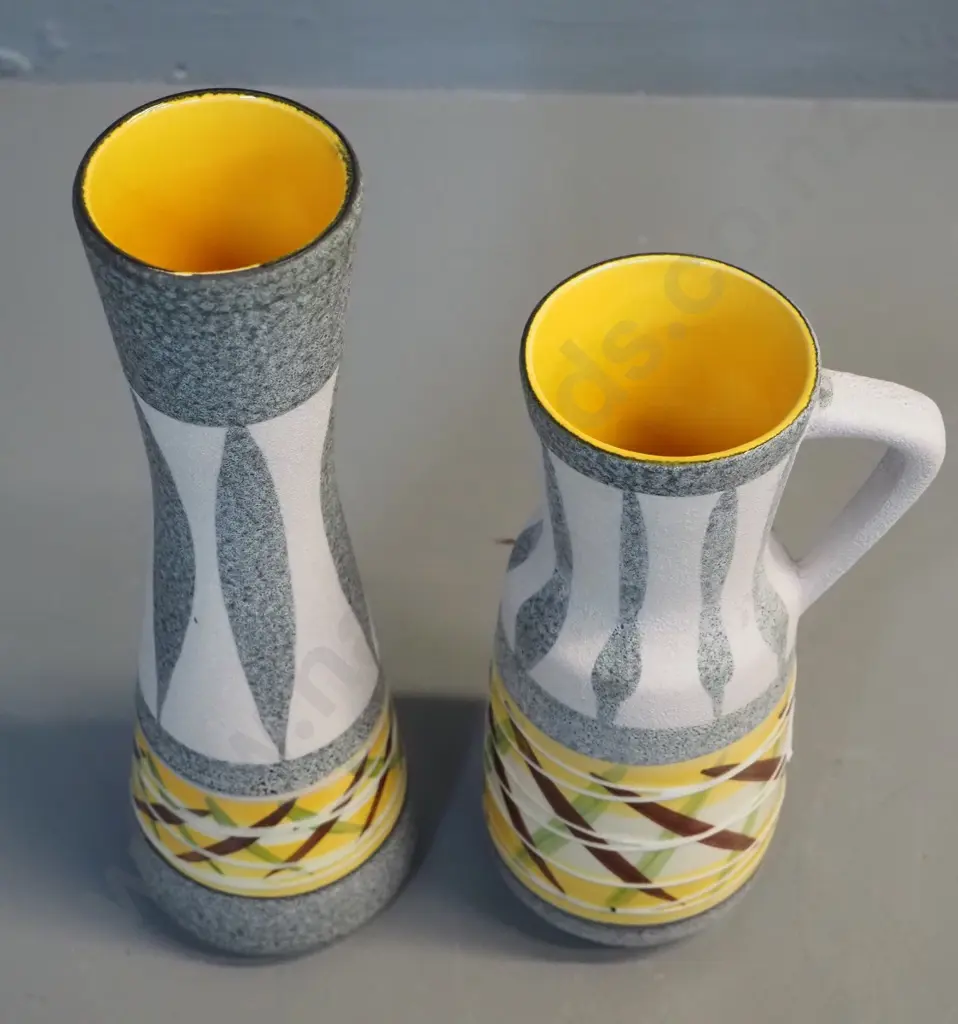 2 small German pottery vases with yellow interior, yellow green and brown motifs, taller is H-250 Image 1++
