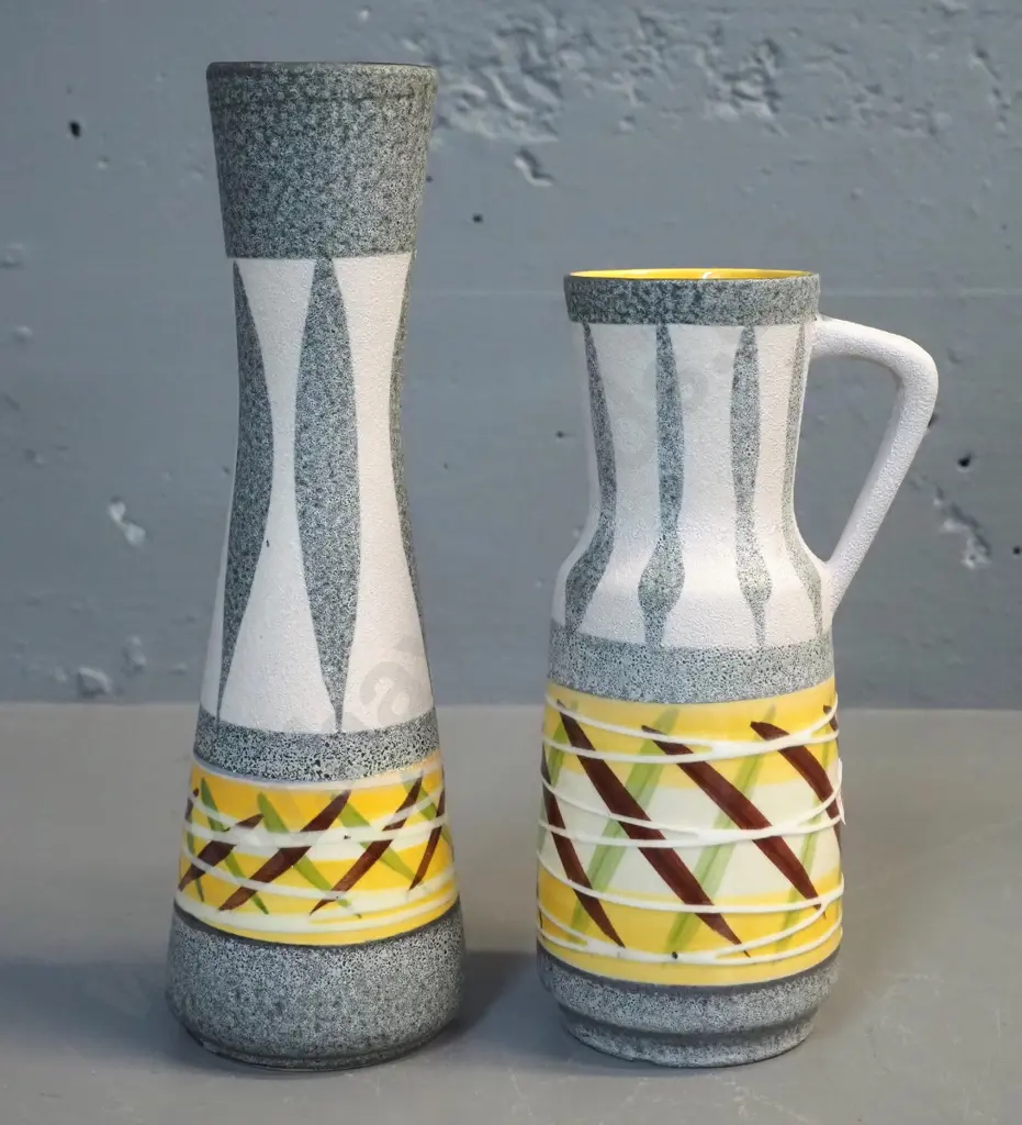 2 small German pottery vases with yellow interior, yellow green and brown motifs, taller is H-250 Image 1++
