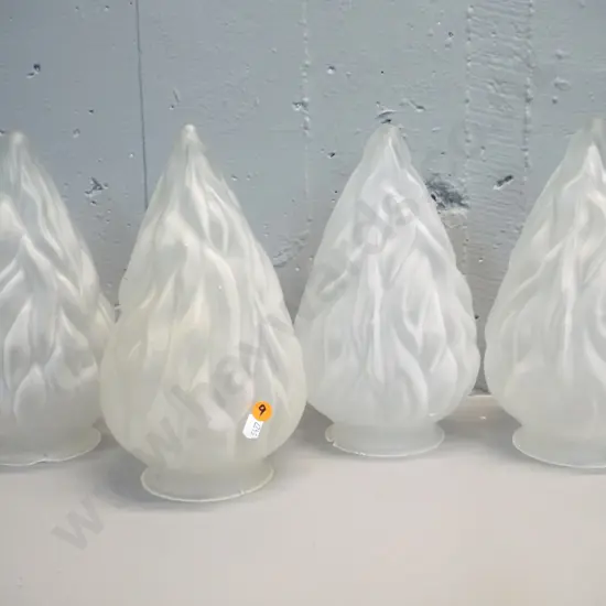 4 frosted glass flame-shaped light shades - slight chipping around fitting rim - H-190, fitting rim D-110