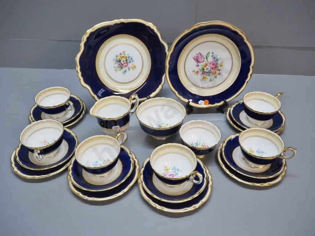 Crown Staffordshire floral, cobalt and gold 23-piece tea set - 2 cake plates, 2 sugar bowls Image 1++