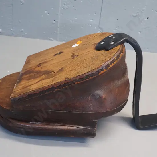 timber pedal operated air pump with leather bellows, cast iron 'pedal' H-280 L-440