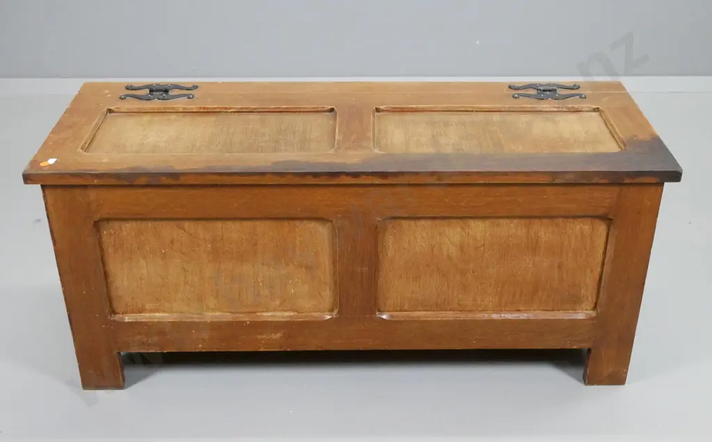 deco oak storage chest  with wrought iron feature hinges - uneven polish & sticky dark stain on lid H420 W970 D370 Image 1++