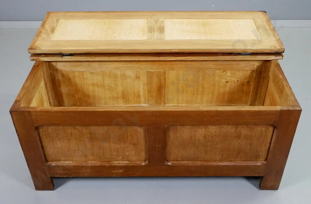 deco oak storage chest  with wrought iron feature hinges - uneven polish & sticky dark stain on lid H420 W970 D370 Image 1++