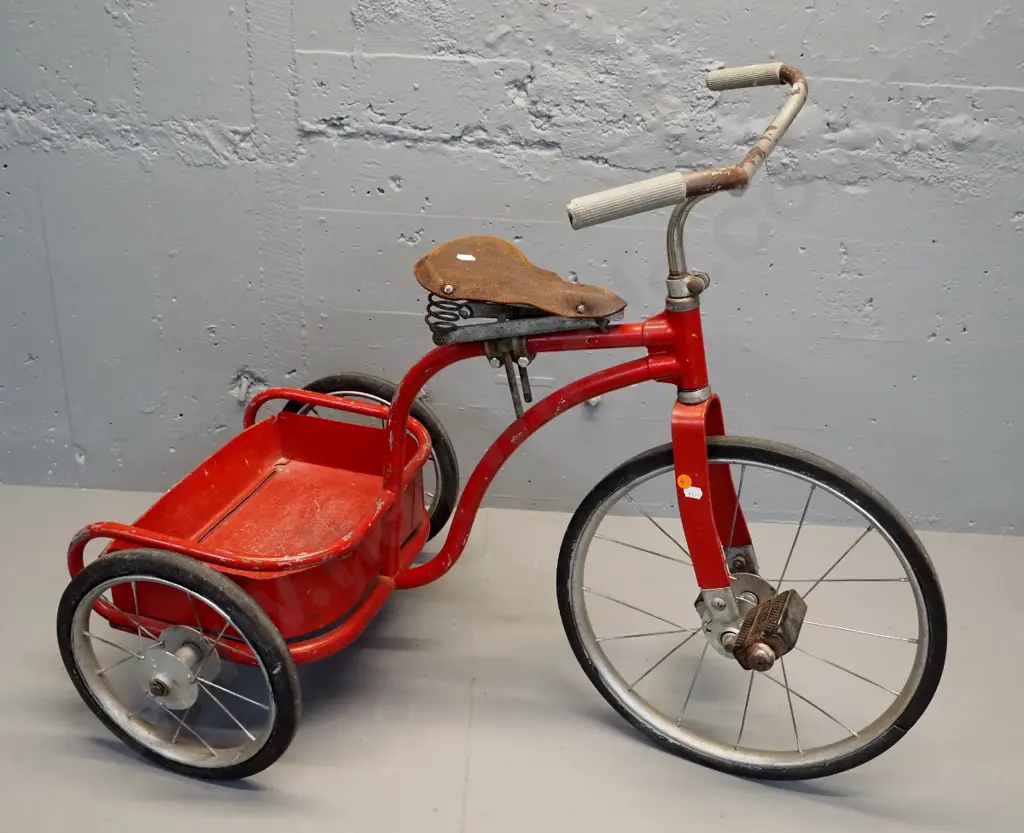 vintage child's trike with sprung leather seat, Flyer markings on pedals, back tray - some corrosion & wear H700 L860 Image 1++