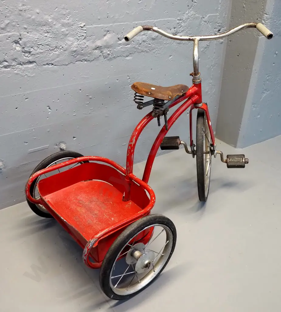 vintage child's trike with sprung leather seat, Flyer markings on pedals, back tray - some corrosion & wear H700 L860 Image 1++