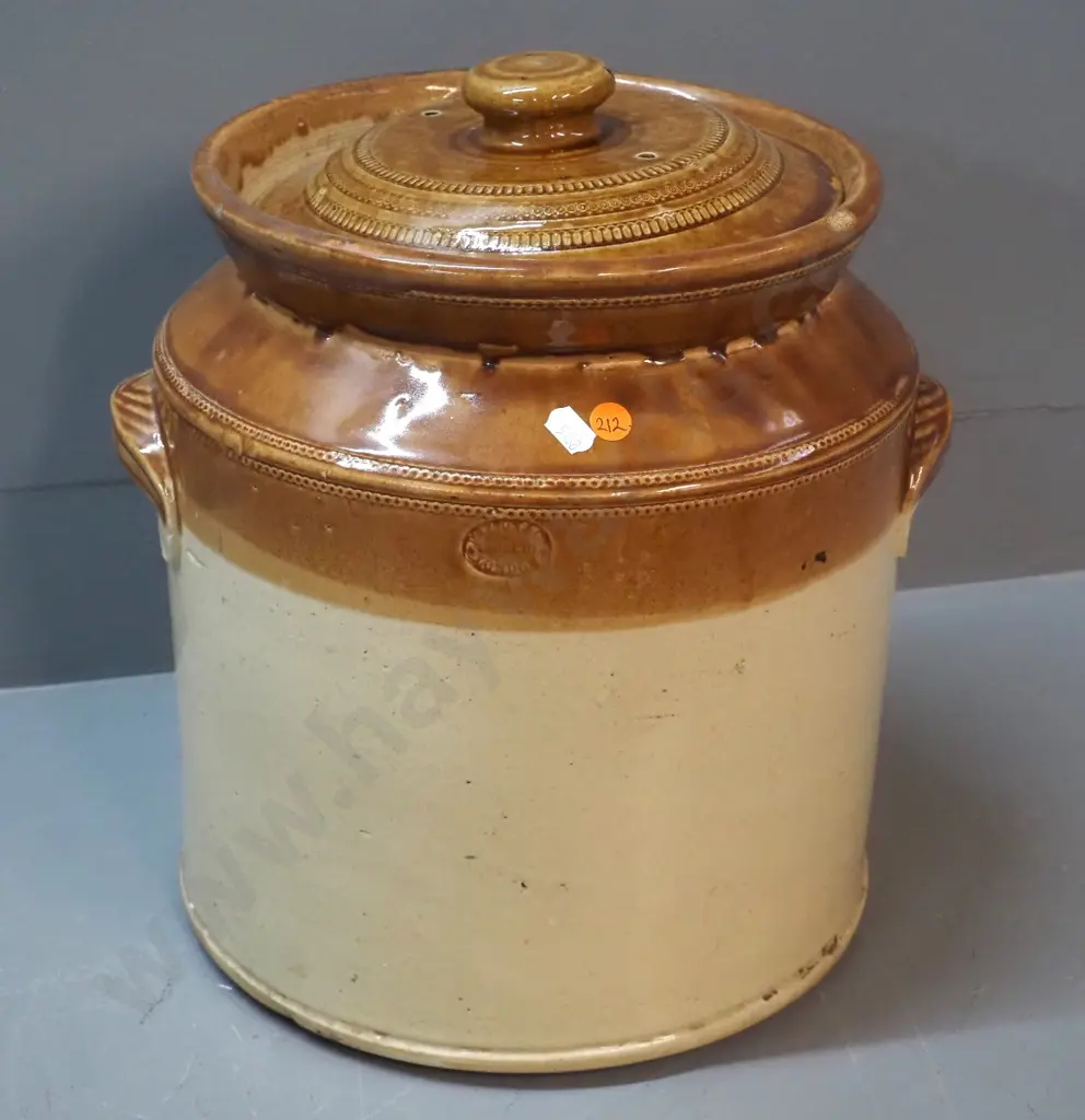 vintage Doulton Lambeth handled salt-glazed lidded storage jar - chip & crack H-320 D-310 Image 1++