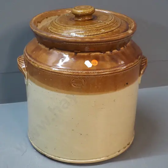 vintage Doulton Lambeth handled salt-glazed lidded storage jar - chip & crack H-320 D-310