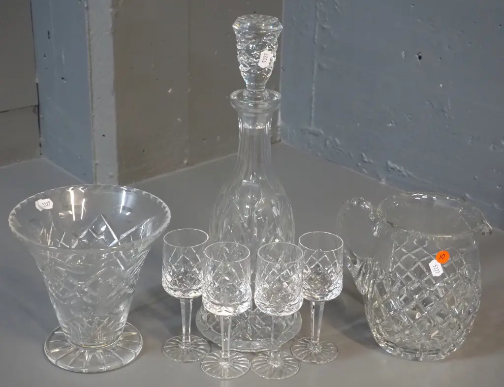 cut crystal items including stoppered decanter, 4 sherries, jug and a Webb Corbett vase Image 1++