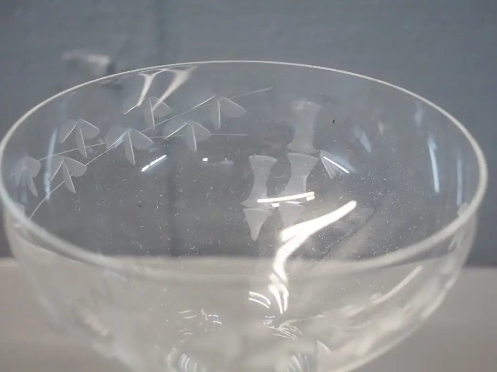 set of 6 hollow stem champagne floats with etched bamboo motifs Image 1++