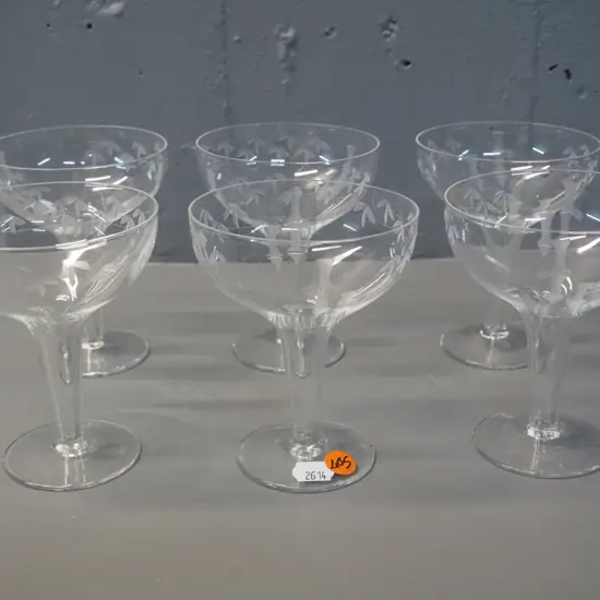 set of 6 hollow stem champagne floats with etched bamboo motifs