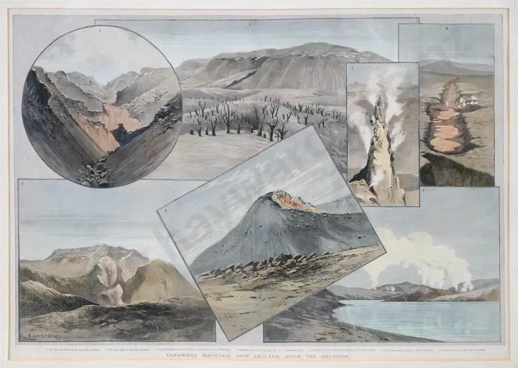 mounted vintage engraving - Tarawera Mountain, Since the Eruption H-350 W-510 (some creasing) Image 1++
