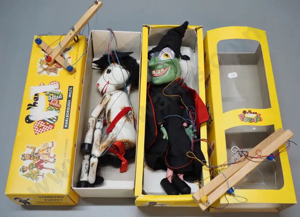 2 vintage Pelham wooden marionette puppets in original boxes - witch H400 and a horse that needs some untangling. Image 1++