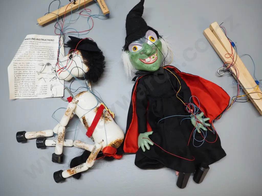 2 vintage Pelham wooden marionette puppets in original boxes - witch H400 and a horse that needs some untangling. Image 1++