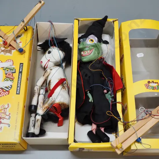 2 vintage Pelham wooden marionette puppets in original boxes - witch H400 and a horse that needs some untangling.