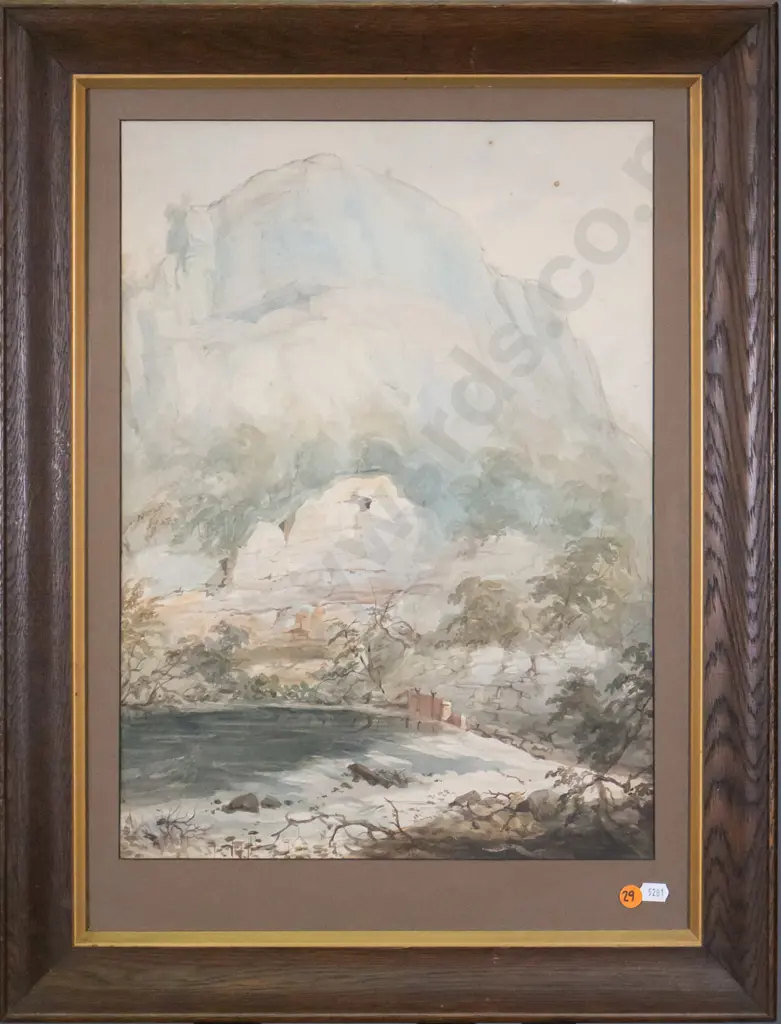 framed watercolour - lake and mountain (some foxing) H-440 W-320 Image 1++