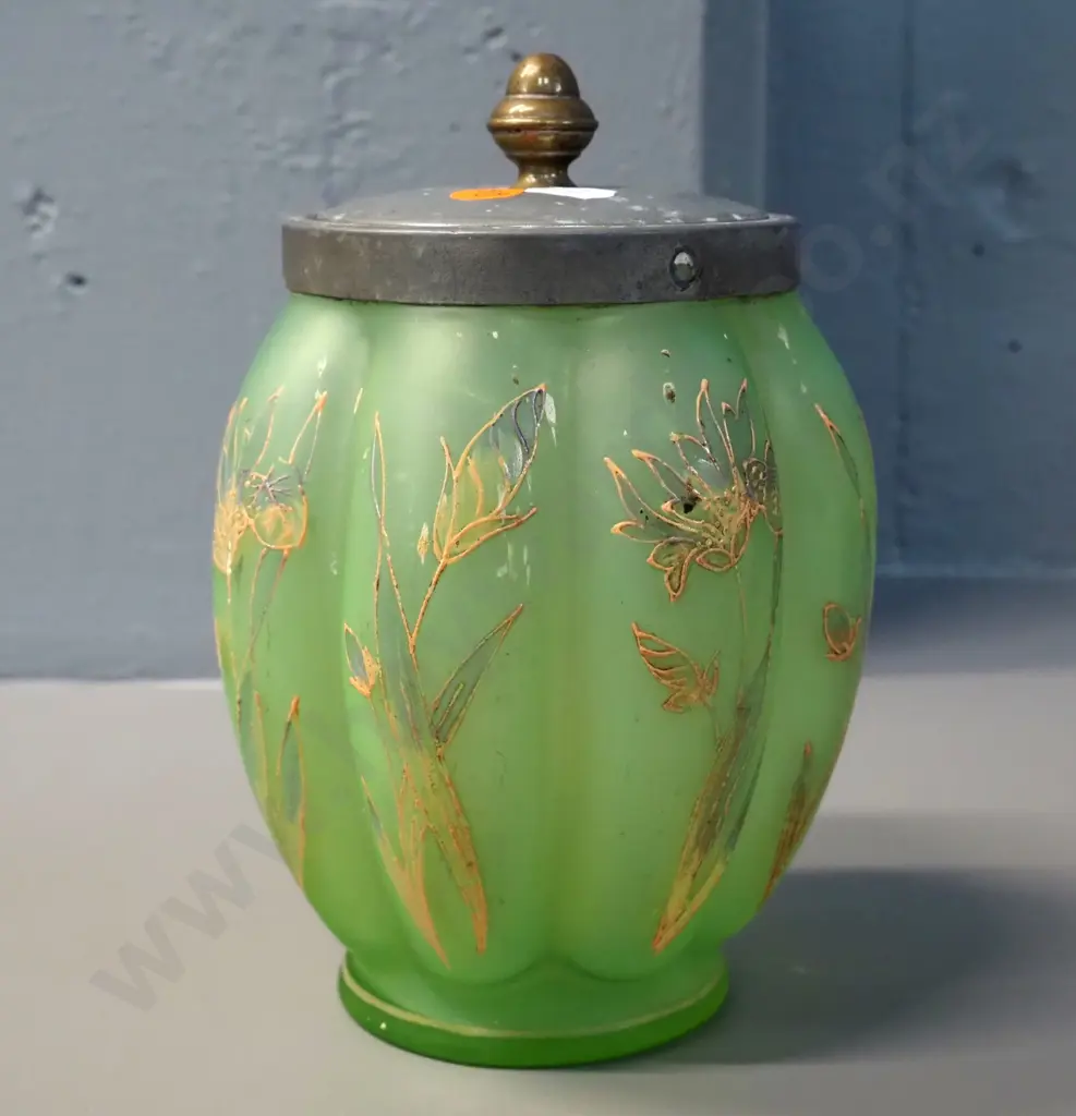 green uranium glass biscuit barrel w/ hand painted floral decoration - metal lid missing handle, plating worn off, H-210 Image 1++