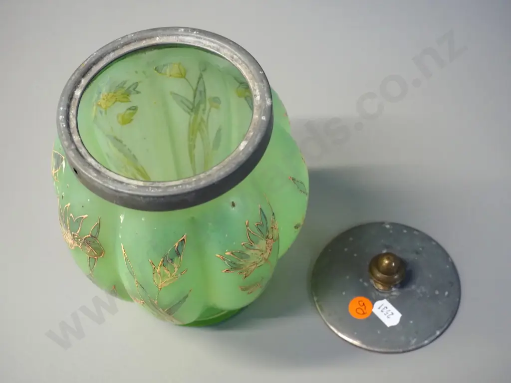 green uranium glass biscuit barrel w/ hand painted floral decoration - metal lid missing handle, plating worn off, H-210 Image 1++