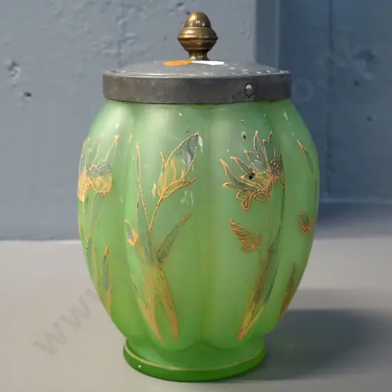 green uranium glass biscuit barrel w/ hand painted floral decoration - metal lid missing handle, plating worn off, H-210