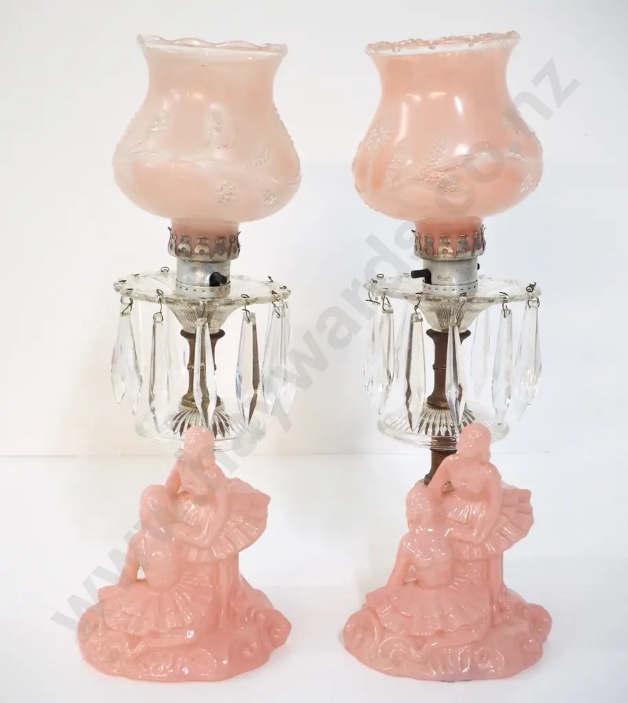 pair of Victorian style pink moulded glass, brass and lustre table lamps - have had cords cut off need rewiring, some Image 1++