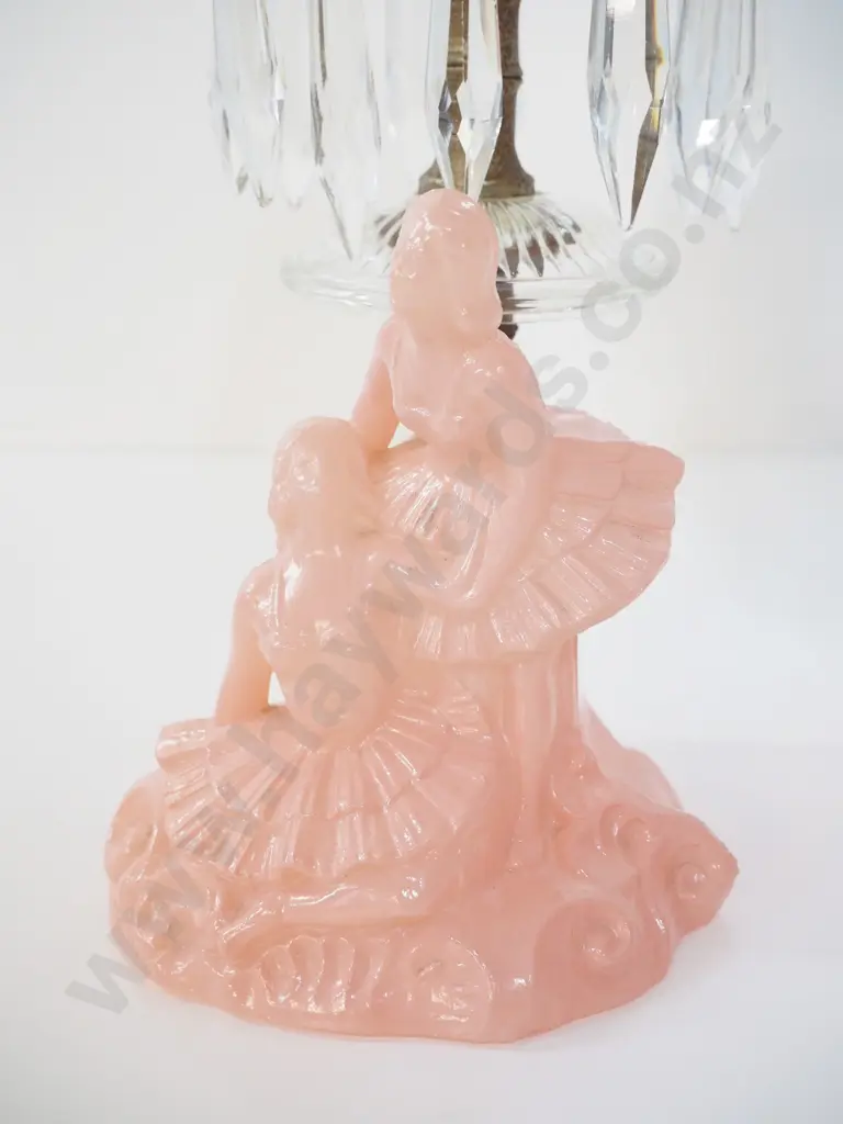 pair of Victorian style pink moulded glass, brass and lustre table lamps - have had cords cut off need rewiring, some Image 1++