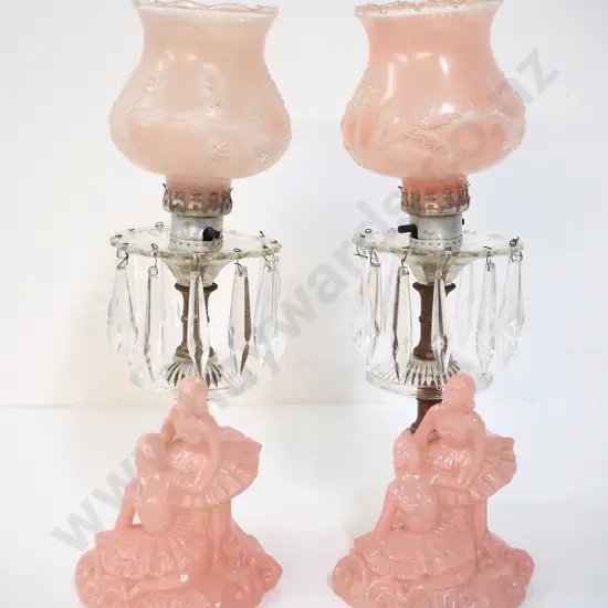 pair of Victorian style pink moulded glass, brass and lustre table lamps - have had cords cut off need rewiring, some