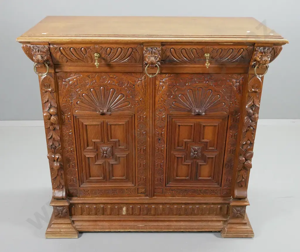 vintage French oak heavily carved sideboard, lion's head ornaments w/ metal drop rings, 2 doors w/key H1030 W1080 D520 Image 1++
