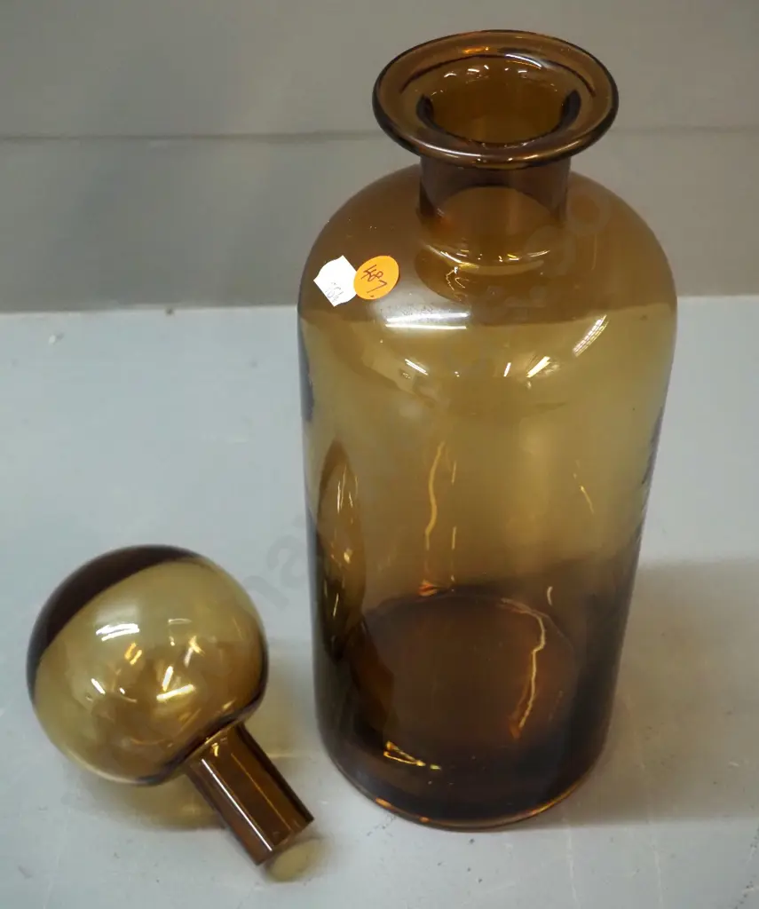 amber art glass bottle with large hollow round stopper H350 D110 Image 1++