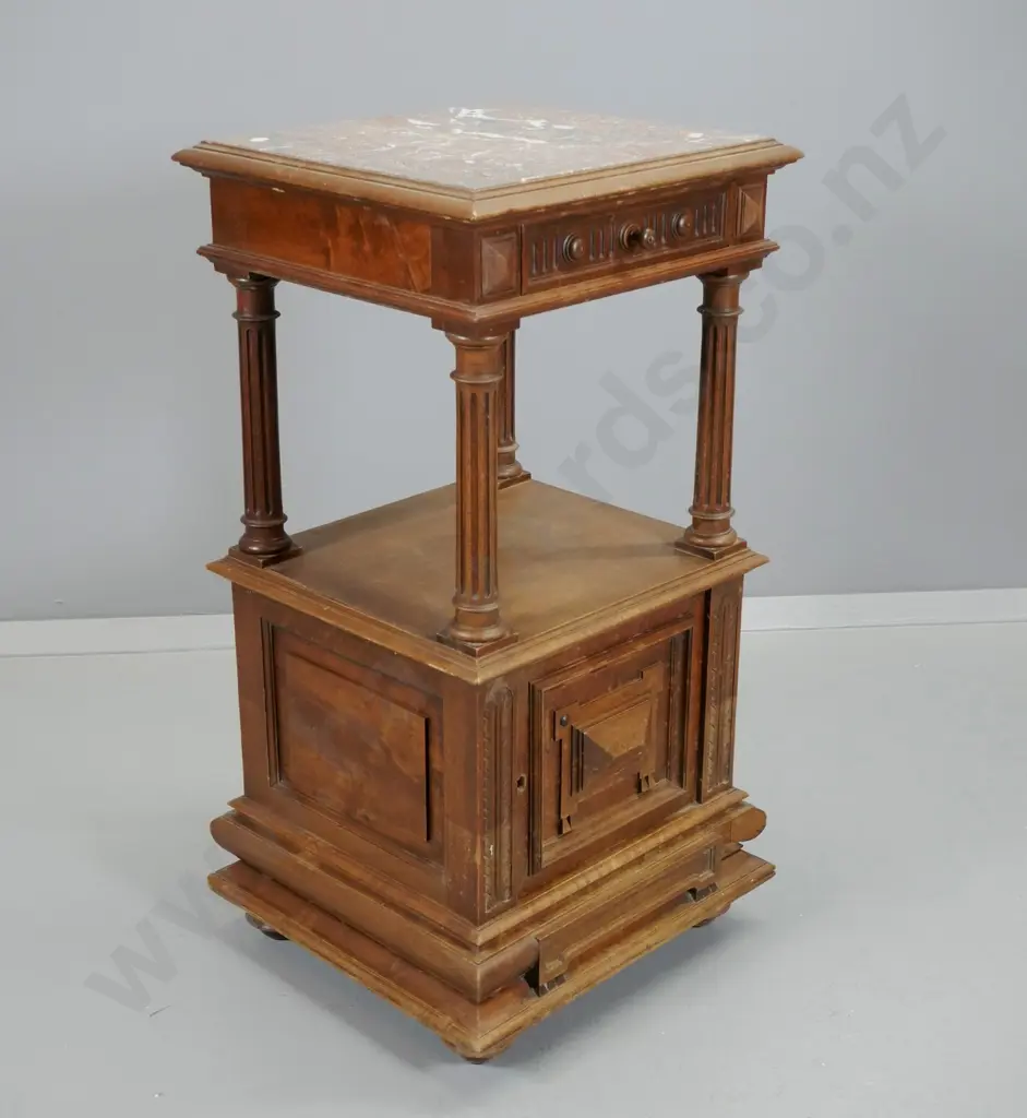 vintage French oak night stand with - 1 drawer, marble top, door is locked, no key, polish needs work  H840 W420 D390 Image 1++
