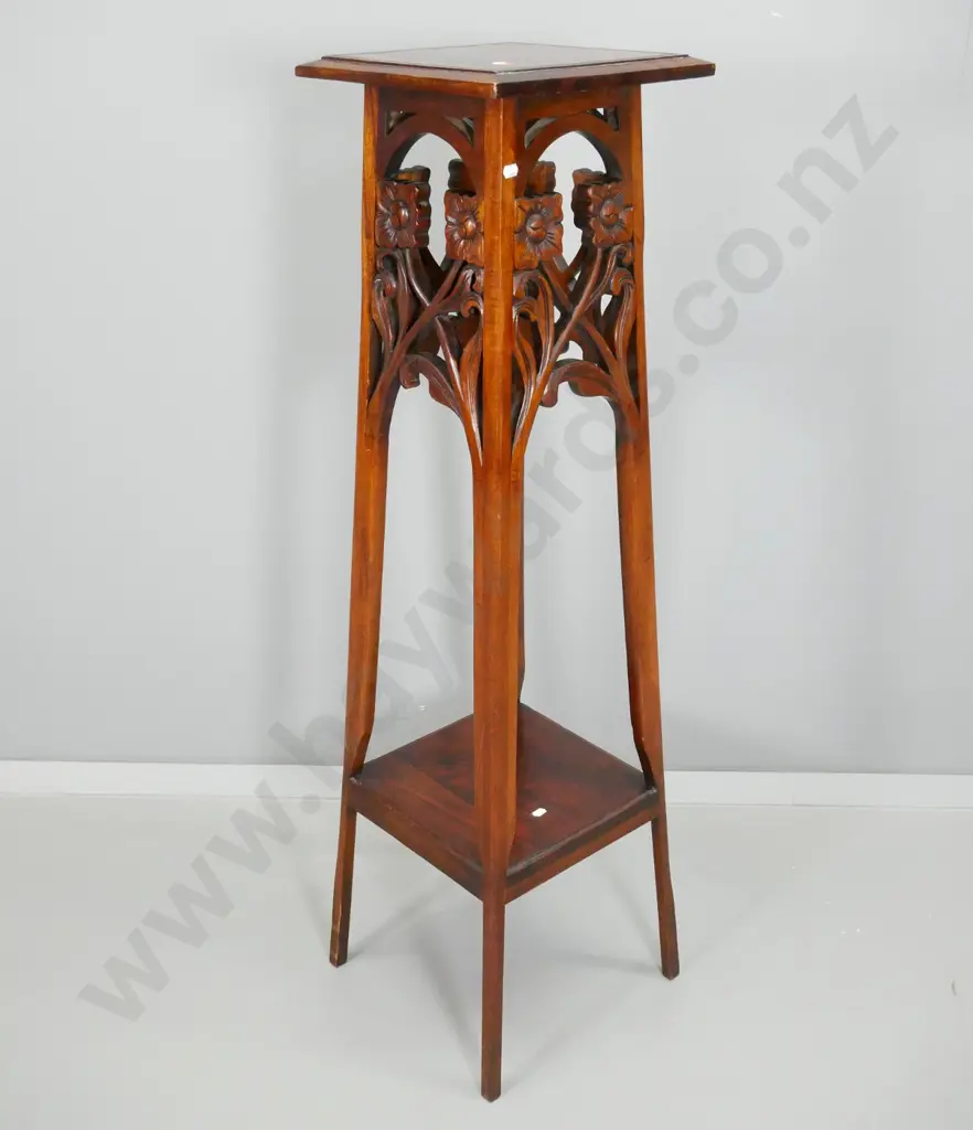 reproduction nouveau-style mahogany plant stand with carved floral motifs, lower shelf H-1140 285 x 285 at base Image 1++