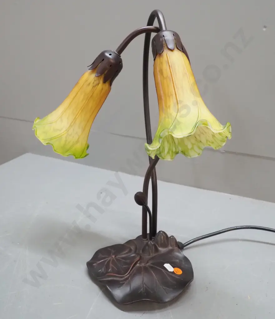 reproduction table lamp with bronze-finish composite lotus-motif base, 2 frosted glass tulip-shape shades H405 W320 Image 1++