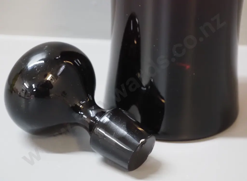 art glass stoppered bottle vase in dark purple / brown - chips to stopper. H-400 Image 1++