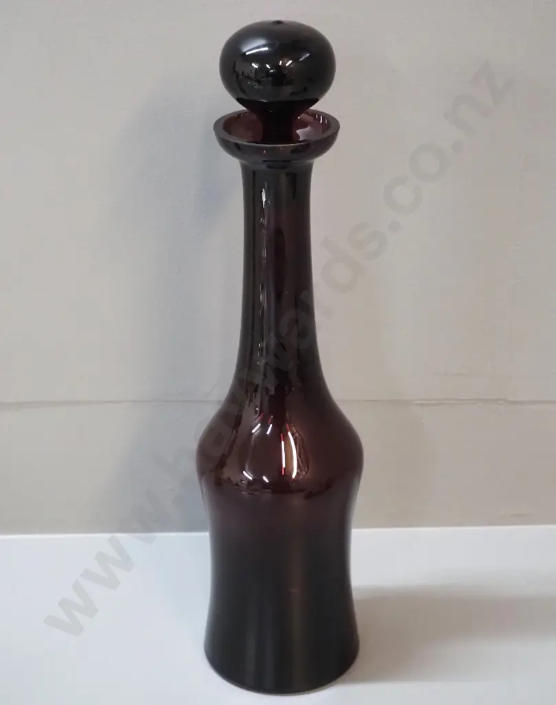 art glass stoppered bottle vase in dark purple / brown - chips to stopper. H-400 Image 1++