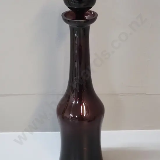 art glass stoppered bottle vase in dark purple / brown - chips to stopper. H-400