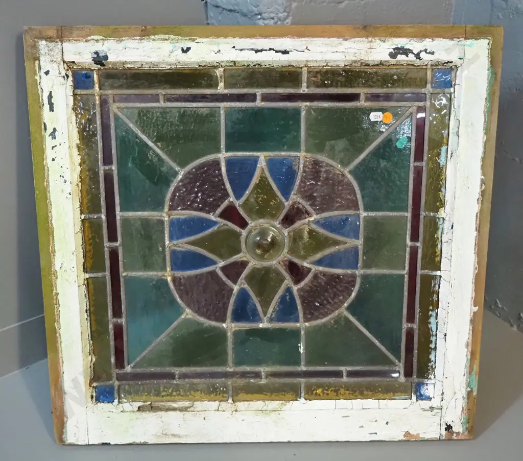vintage multi-coloured leadlight window in wooden frame - cracks to a few pieces - outer frame size H580 W610 Image 1++