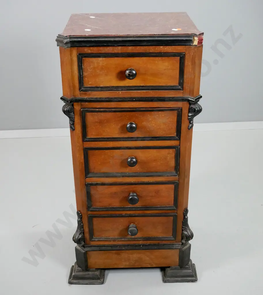 vintage French walnut small chest of 3 drawers with cupboard, marble top, carved corbels H890 W400 D330 Image 1++