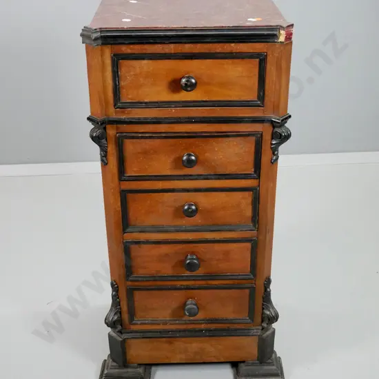 vintage French walnut small chest of 3 drawers with cupboard, marble top, carved corbels H890 W400 D330