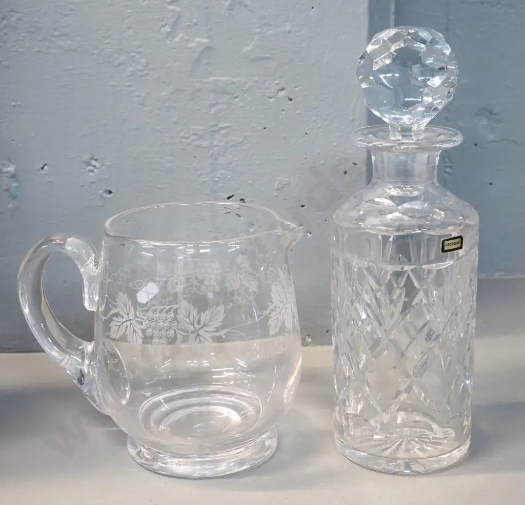 Webb Corbett cut crystal "Georgian" pattern stoppered decanter H270 and a grape motif etched crystal jug Image 1++